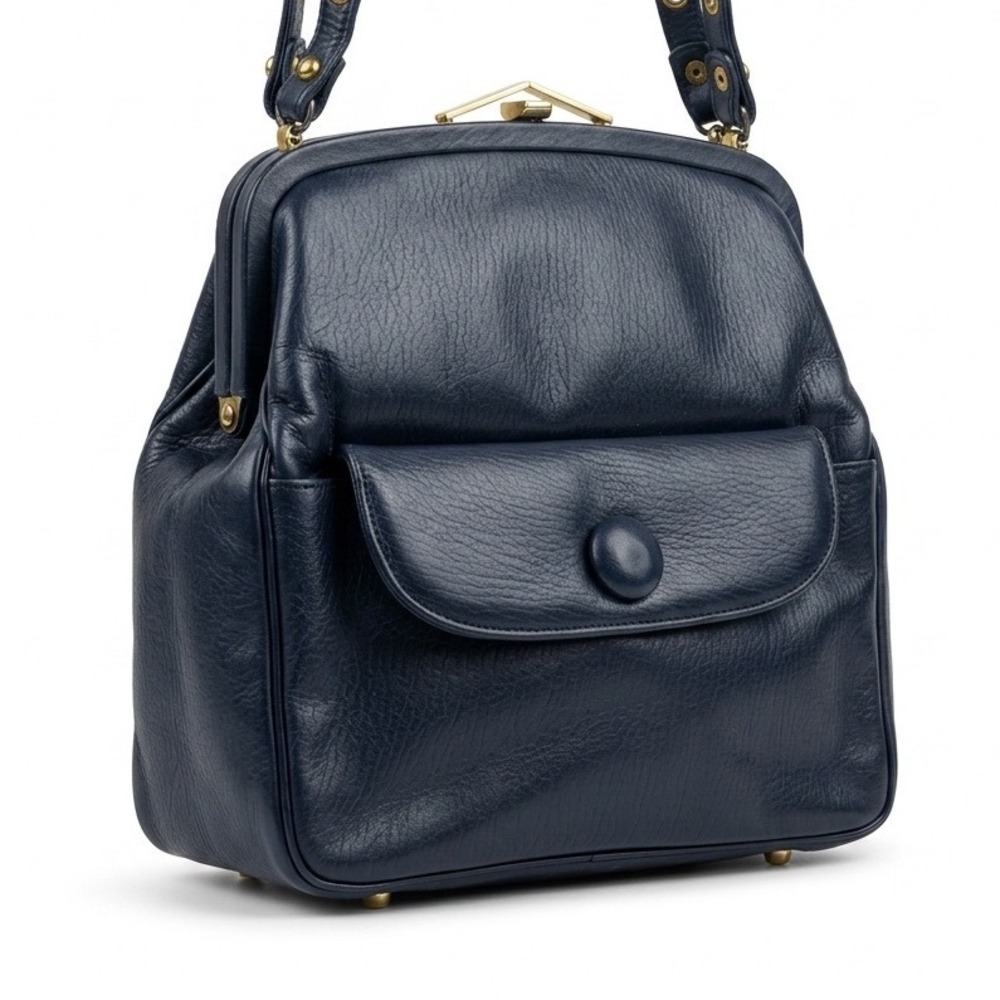 Rare! Zenith‎ Handmade Vtg Navy Blue Leather Frame Crossbody Bag Kisslock Lg